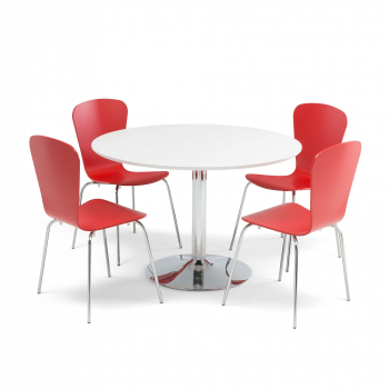 Jedálenský zostava: stôl Ø 1100 mm, biela / chróm + 4 stoličky, červené