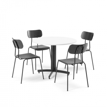 Jedálenská zostava: 1x stôl Ø 900 mm, biely + 4x stoličky, čierna