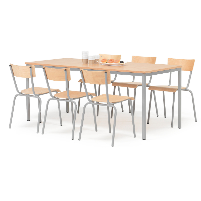 Jedálenský zostava: stôl 1800x800 mm + 6 stoličiek, buk / hliníkovo sivá