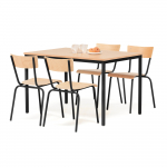 
Kompletní jídelní sestava skládající se ze stolu a 4 židlí, snadno se udržuje a dlouho vydrží. Stohovatelné židle jsou velice pohodlné.



Stolová deska z bukového lamina
Stohovatelné židle
Pohodlí při sezení

