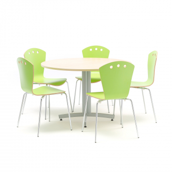 Jedálenský zostava: stôl Ø 1100 mm, breza + 5 stoličiek, zelené