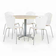 Jedálenský zostava: stôl Ø 1100 mm, breza + 5 stoličiek, biele