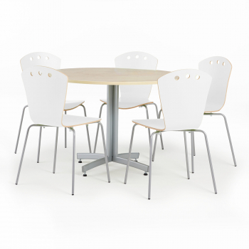 Jedálenský zostava: stôl Ø 1100 mm, breza + 5 stoličiek, biele
