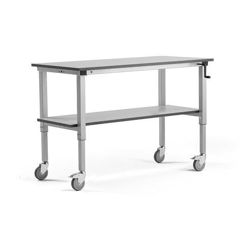 Mobilný pracovný stôl Motion, so spodnou policou, manuálny zdvih, nosnosť 150 kg, 1500x600 mm, šedá doska HPL