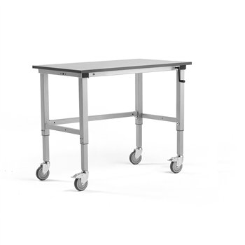 Mobilný pracovný stôl Motion, manuálny zdvih, nosnosť 150 kg, 1200x600 mm, šedá doska HPL