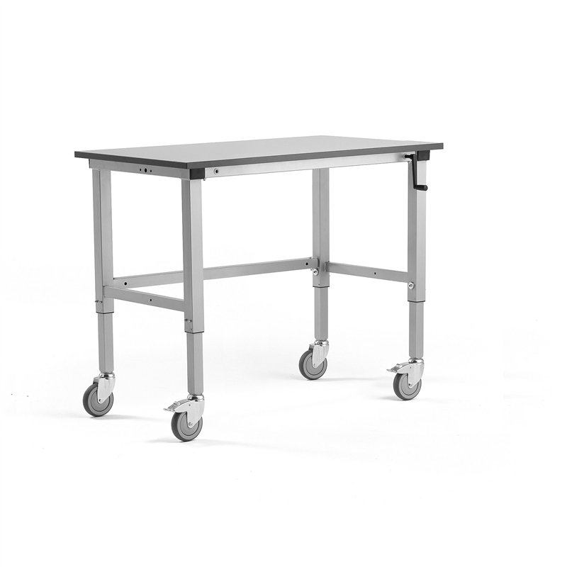 Mobilný pracovný stôl Motion, manuálny zdvih, nosnosť 150 kg, 1200x600 mm, šedá doska HPL