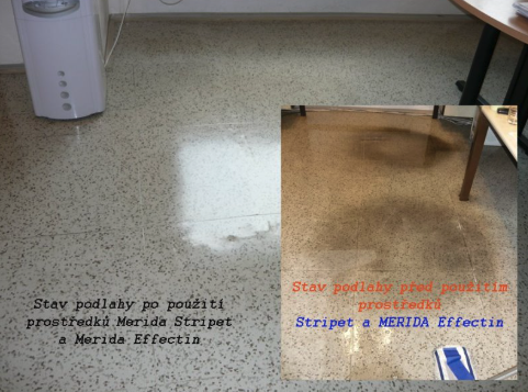 Stav podlahy před a po použití prostředků Stripet a MERIDA Effectivin
